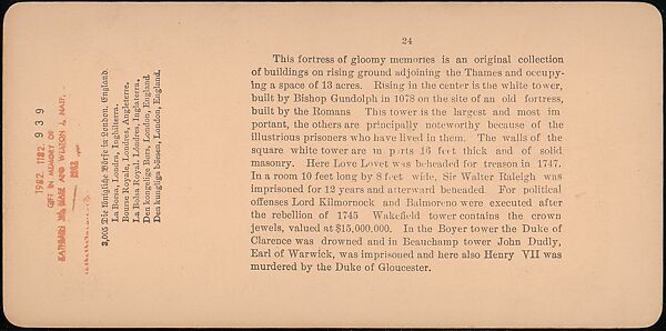 Tower of London, London, England, Benneville Lloyd Singley (American, Union Township, Pennsylvania 1864–1938 Meadville, Pennsylvania), Albumen silver prints
