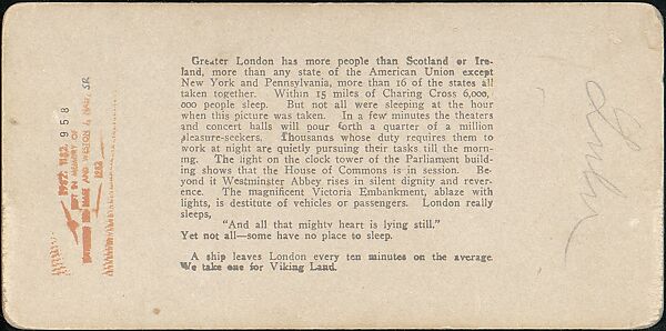 [Group of 5 Stereograph Views of the Thames River at Night, London, England], Benneville Lloyd Singley (American, Union Township, Pennsylvania 1864–1938 Meadville, Pennsylvania), Albumen silver prints