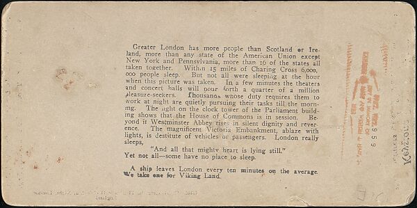 [Group of 5 Stereograph Views of the Thames River at Night, London, England], Benneville Lloyd Singley (American, Union Township, Pennsylvania 1864–1938 Meadville, Pennsylvania), Albumen silver prints