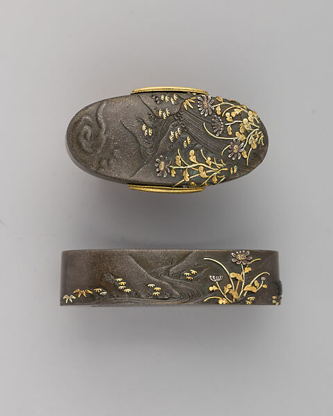 Sword-Hilt Collar and Pommel (Fuchigashira), Copper-silver alloy (shibuichi), gold, Japanese