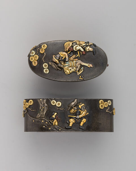 Sword-Hilt Collar and Pommel (Fuchigashira), Copper-silver alloy (shibuichi), gold, copper-gold alloy (shakudō), Japanese 