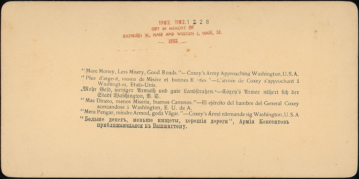 [Pair of Stereograph Views of General Jacob S. Coxey's Army of the Unemployed], J. F. Jarvis (American), Albumen silver prints