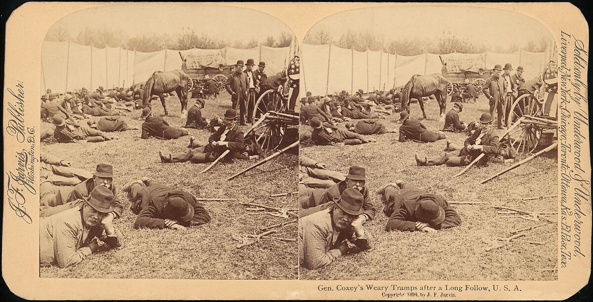 [Pair of Stereograph Views of General Jacob S. Coxey's Army of the Unemployed], J. F. Jarvis (American), Albumen silver prints