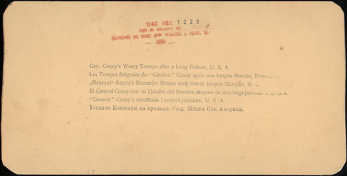 [Pair of Stereograph Views of General Jacob S. Coxey's Army of the Unemployed], J. F. Jarvis (American), Albumen silver prints