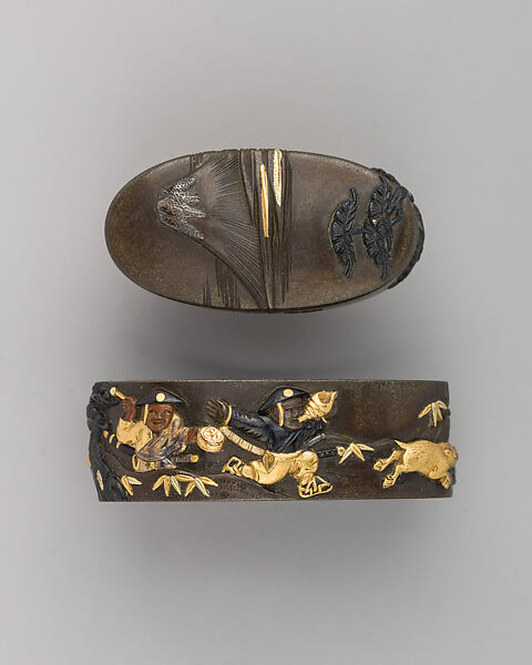 Sword-Hilt Collar and Pommel (Fuchigashira), Copper-silver alloy (shibuichi), gold, copper-gold alloy (shakudō), Japanese 