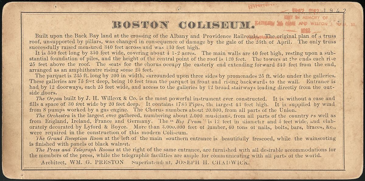[Group of 11 Stereograph Views of the 1869 and 1872 World Peace Jubilees, Boston, Massachusetts, United States of America], Charles Pollock (American), Albumen silver prints