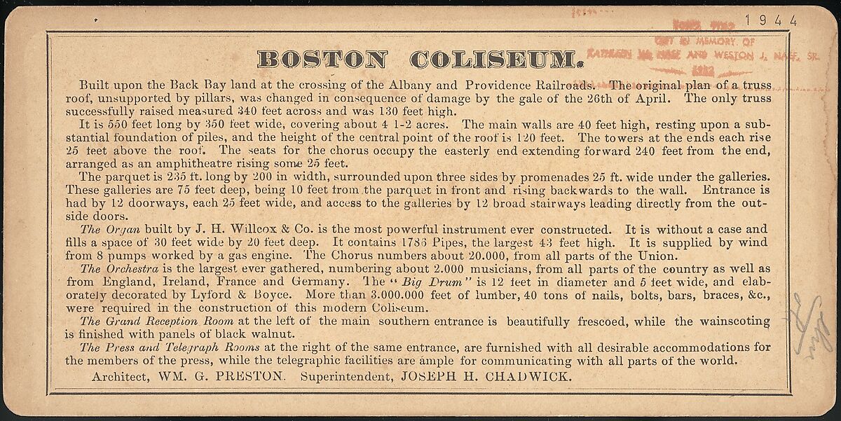 [Group of 11 Stereograph Views of the 1869 and 1872 World Peace Jubilees, Boston, Massachusetts, United States of America], Charles Pollock (American), Albumen silver prints