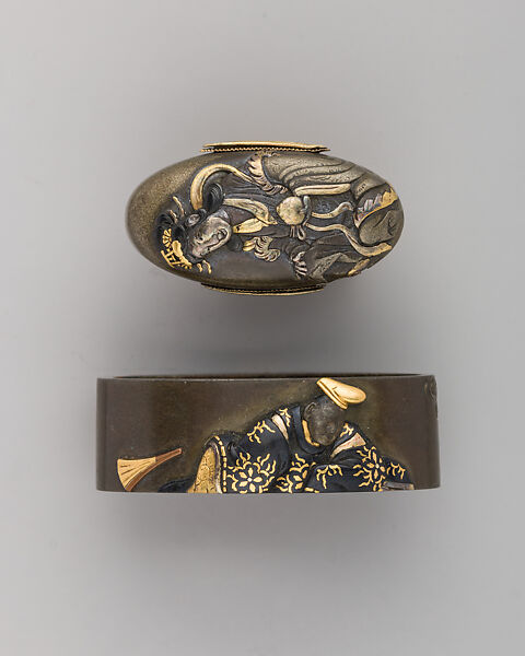 Sword-Hilt Collar and Pommel (Fuchigashira), Copper-silver alloy (shibuichi), gold, copper-gold alloy (shakudō), Japanese 