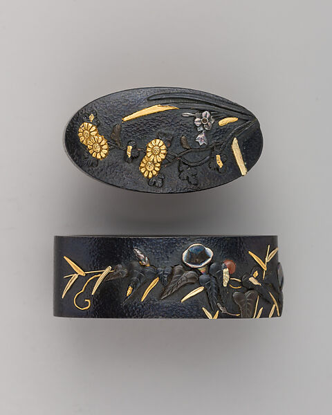 Sword-Hilt Collar and Pommel (Fuchigashira), Copper-gold alloy (shakudō), gold, Japanese 