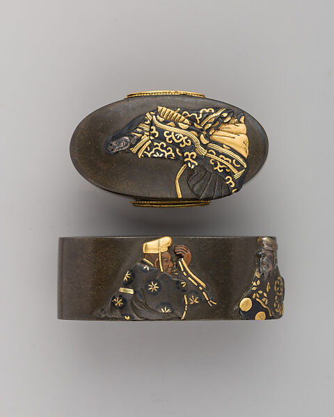 Sword-Hilt Collar and Pommel (Fuchigashira), Copper-silver alloy (shibuichi), gold, copper-gold alloy (shakudō), Japanese 