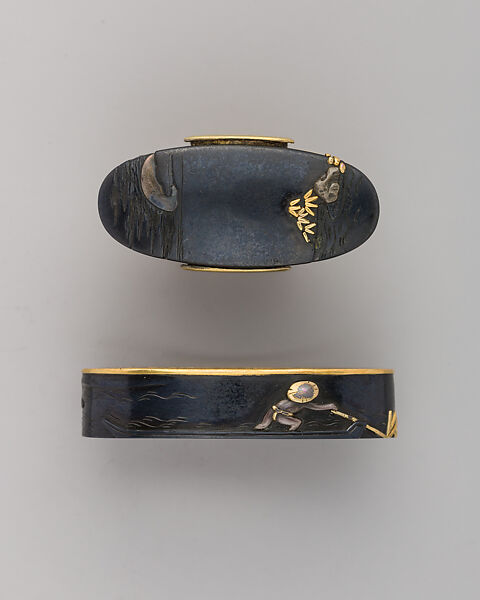 Sword-Hilt Collar and Pommel (Fuchigashira), Copper-gold alloy (shakudō), gold, copper-silver alloy (shibuichi), Japanese 