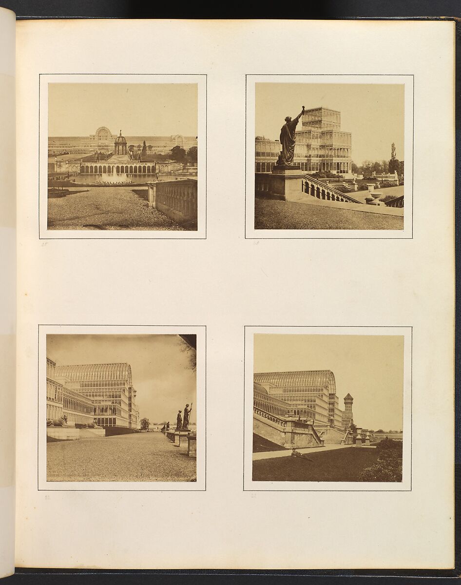 [Exterior View of Facade and Fountains; Exterior View of Side Pavilion; Exterior Side View of Central Transept; Exterior Side View of Central Trancept with Reclining Figure in Foreground], Attributed to Philip Henry Delamotte (British, 1821–1889), Albumen silver print from glass negative 