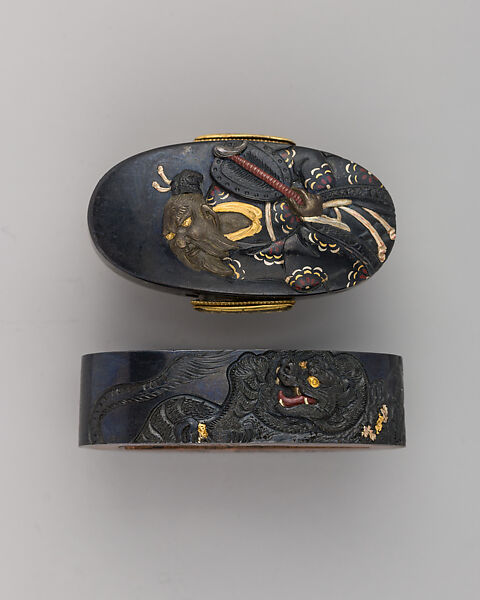 Sword-Hilt Collar and Pommel (Fuchigashira), Copper-gold alloy (shakudō), gold, Japanese 