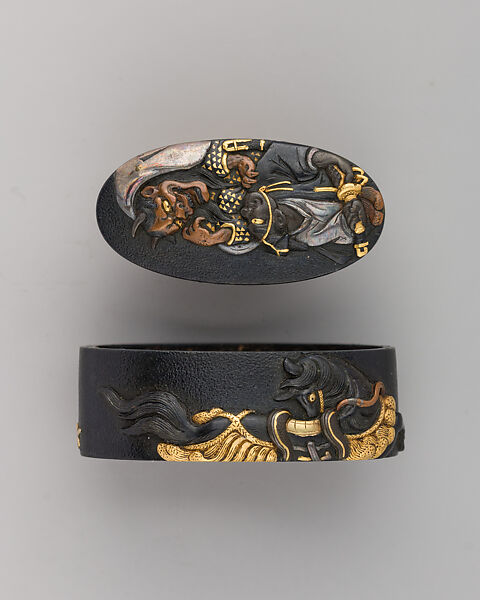 Sword-Hilt Collar and Pommel (Fuchigashira), Copper-gold alloy (shakudō), gold, Japanese 