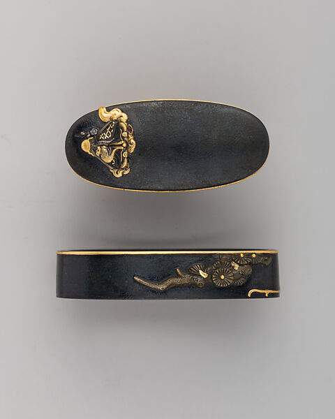 Sword-Hilt Collar and Pommel (Fuchigashira), Copper-gold alloy (shakudō), gold, Japanese 