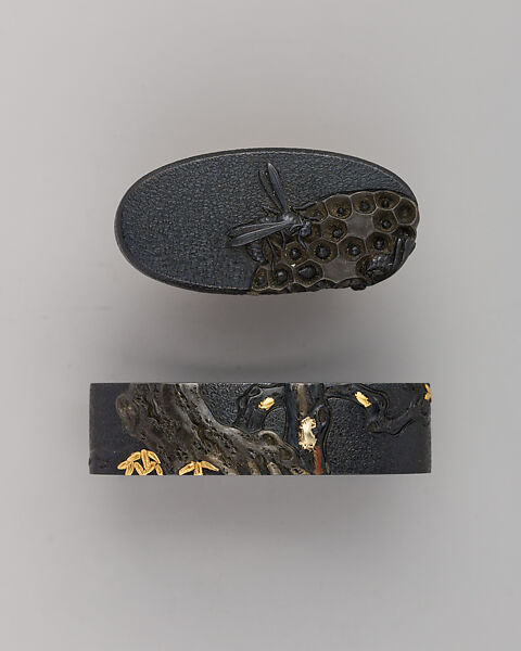 Sword-Hilt Collar and Pommel (Fuchigashira), Copper-gold alloy (shakudō), gold, Japanese 