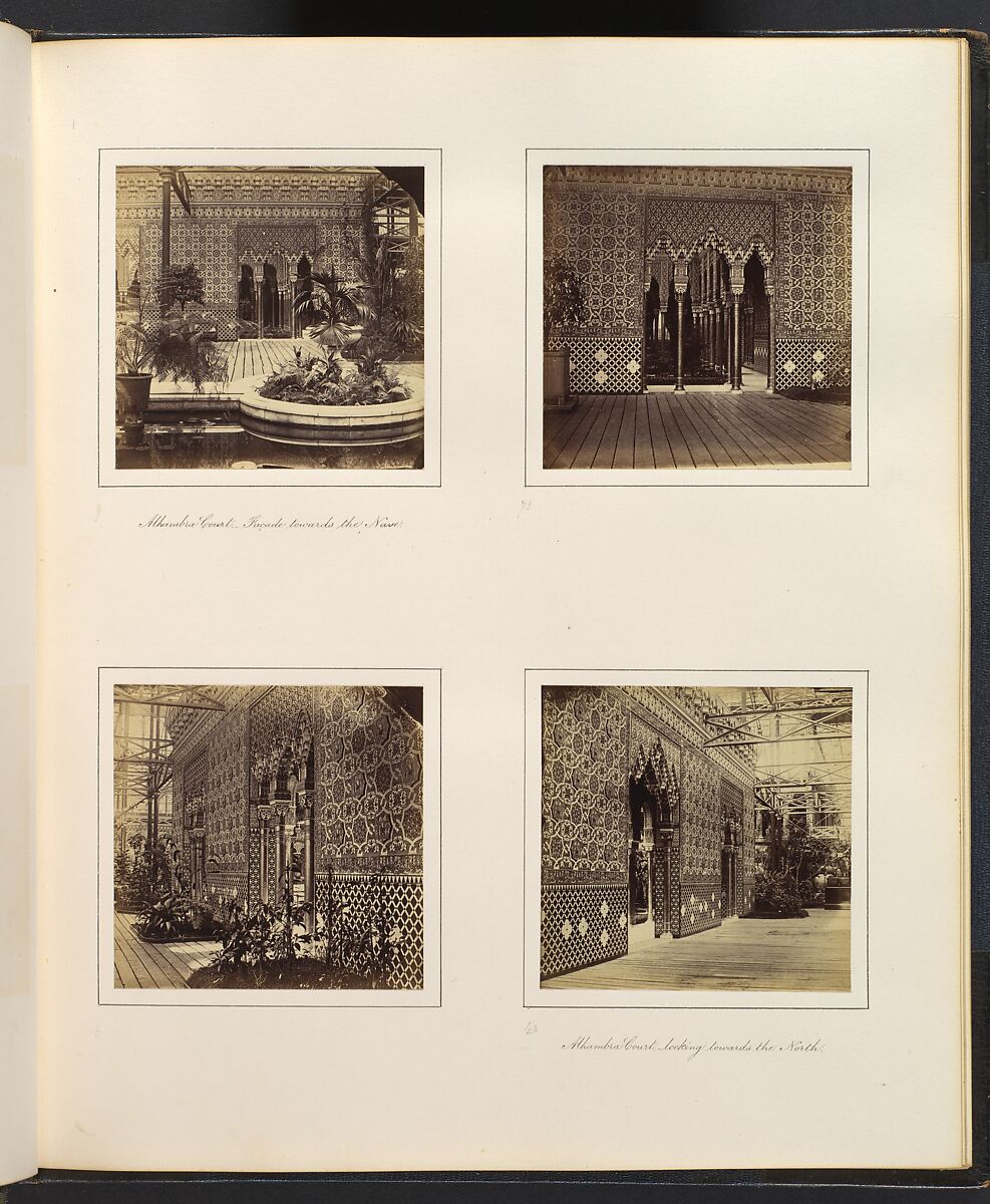 [Alhambra Court Facade Towards the Nave; Entryway to the Alhambra Court; Side View of Alhambra Court; Alhambra Court Looking Towards the North], Attributed to Philip Henry Delamotte (British, 1821–1889), Albumen silver print from glass negative 
