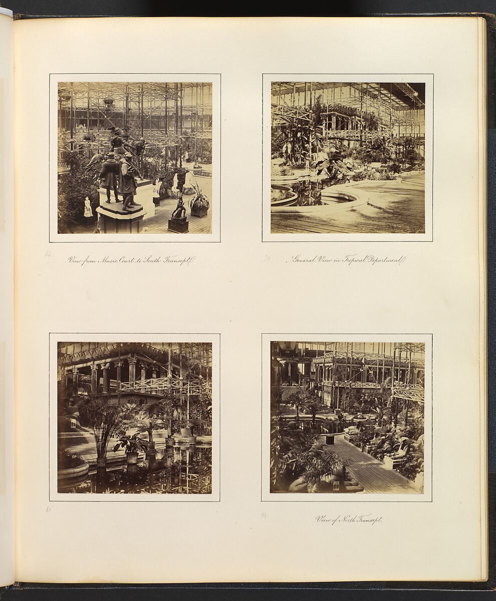 [View From Music Court to South Transept; View in Tropical Department; View of the Egyptian Court; View of North Transept], Attributed to Philip Henry Delamotte (British, 1821–1889), Albumen silver print from glass negative 