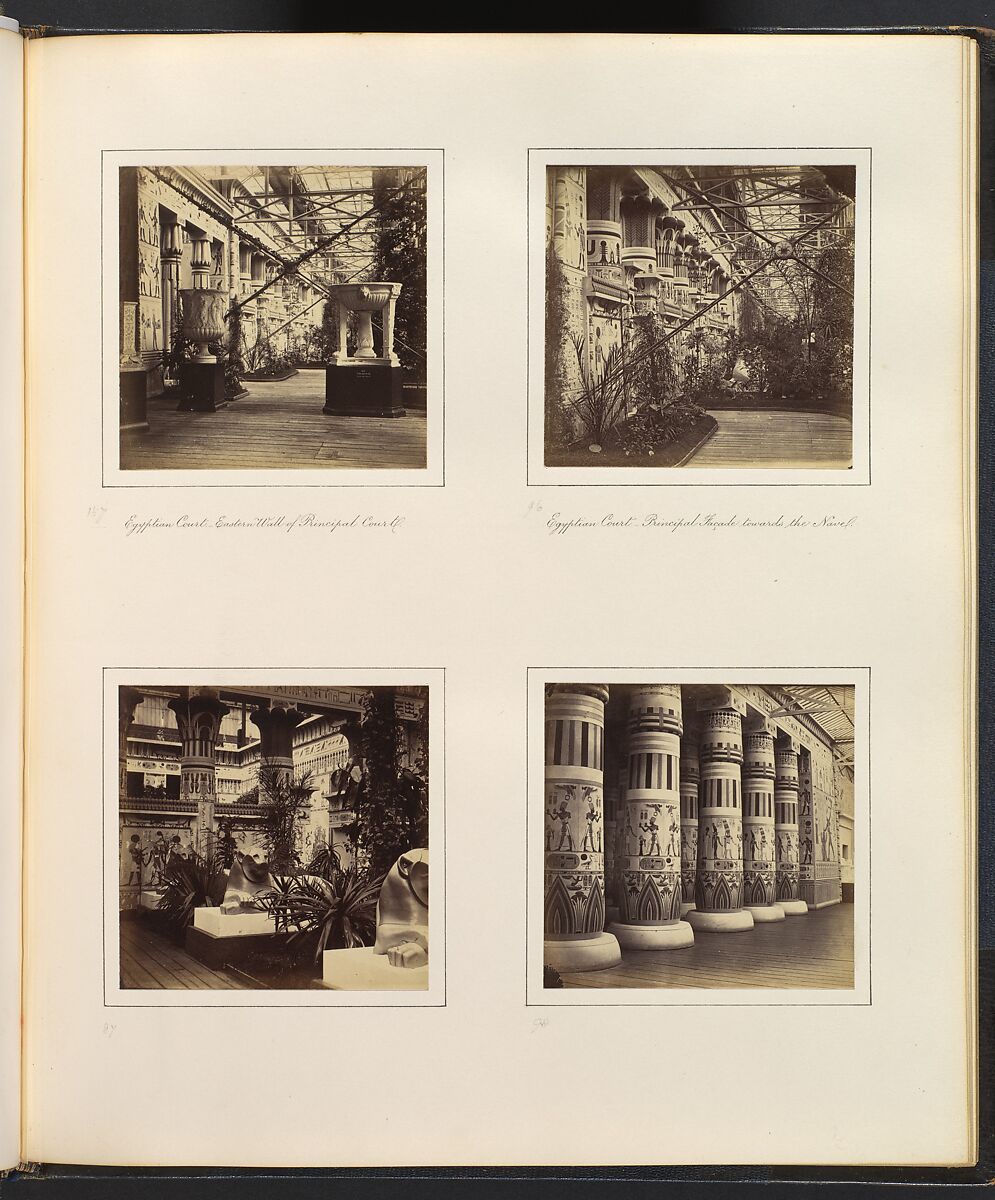 [Egyptian Court, Eastern Wall of Principal Court; Egyptian Court, Principal Facade towards the Nave; Lions in the Egyptian Court; [Colonnade Adorned with Egyptian Paintings], Attributed to Philip Henry Delamotte (British, 1821–1889), Albumen silver print from glass negative 