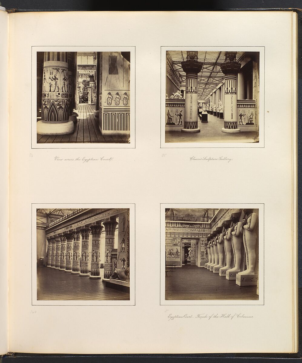 [View Across the Egyptian Court; View through Egyptian Columns into Classical Sculpture Gallery; Side View of Egyptian Colonnade; Facade of the Hall of Columns], Attributed to Philip Henry Delamotte (British, 1821–1889), Albumen silver print from glass negative 