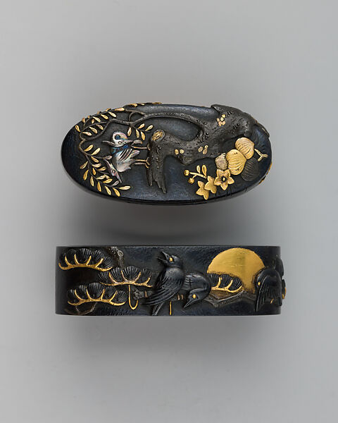 Sword-Hilt Collar and Pommel (Fuchigashira), Copper-gold alloy (shakudō), gold, copper-silver alloy (shibuichi), Japanese 
