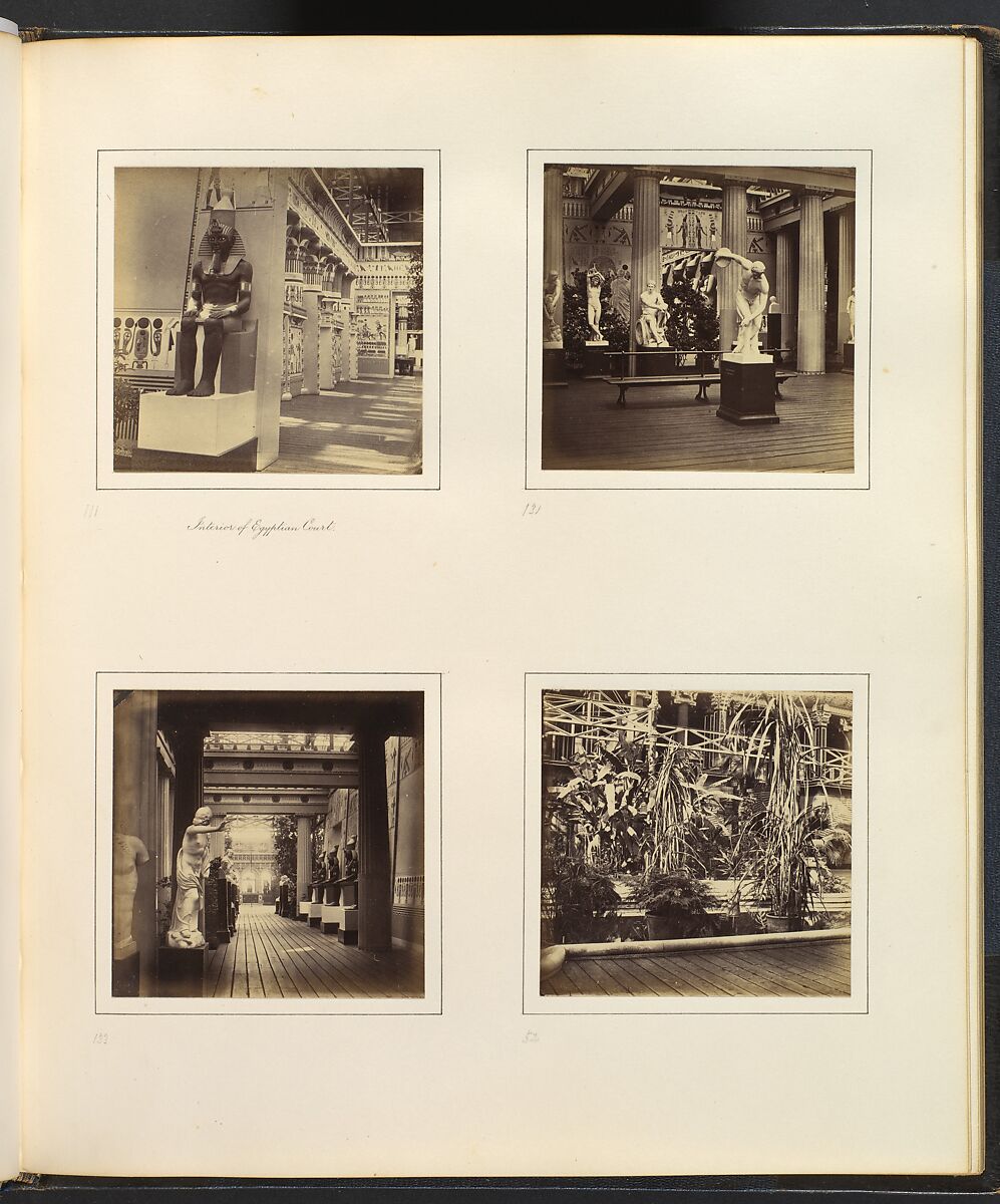 [Interior of Egyptian Court; Classical Sculpture Gallery with Discus-Thrower; View of Egyptian Court from Classical Sculpture Gallery; Foliage in the Egyptian Court], Attributed to Philip Henry Delamotte (British, 1821–1889), Albumen silver print from glass negative 