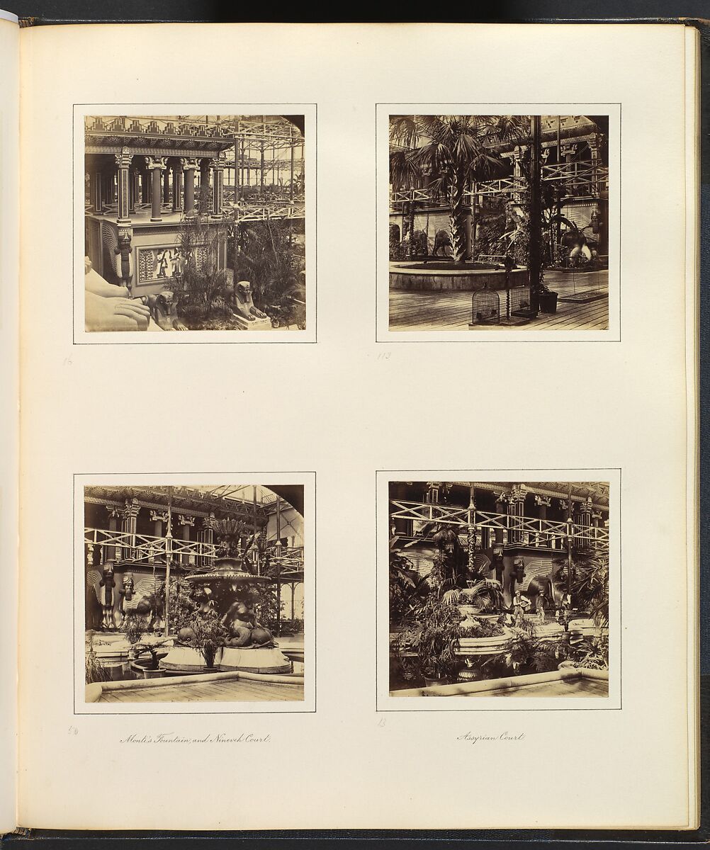 [Elevated View of Egyptian Court; Ninevah Court; Monti's Fountain, and Ninevah Court; Assyrian Court with Workers], Attributed to Philip Henry Delamotte (British, 1821–1889), Albumen silver print from glass negative 
