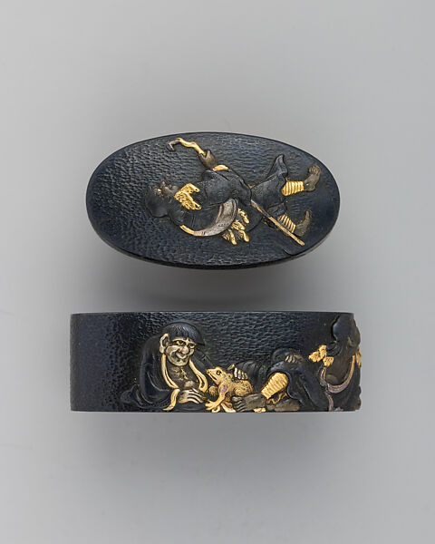 Sword-Hilt Collar and Pommel (Fuchigashira), Copper-gold alloy (shakudō), gold, copper-silver alloy (shibuichi), Japanese