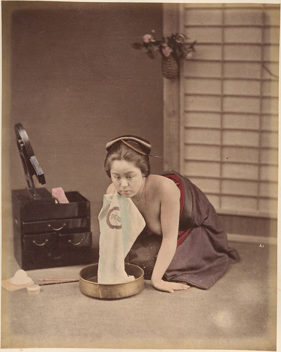 La Toilette, Suzuki Shin&#39;ichi (Japanese, 1835–1919), Albumen silver print from glass negative with applied color 