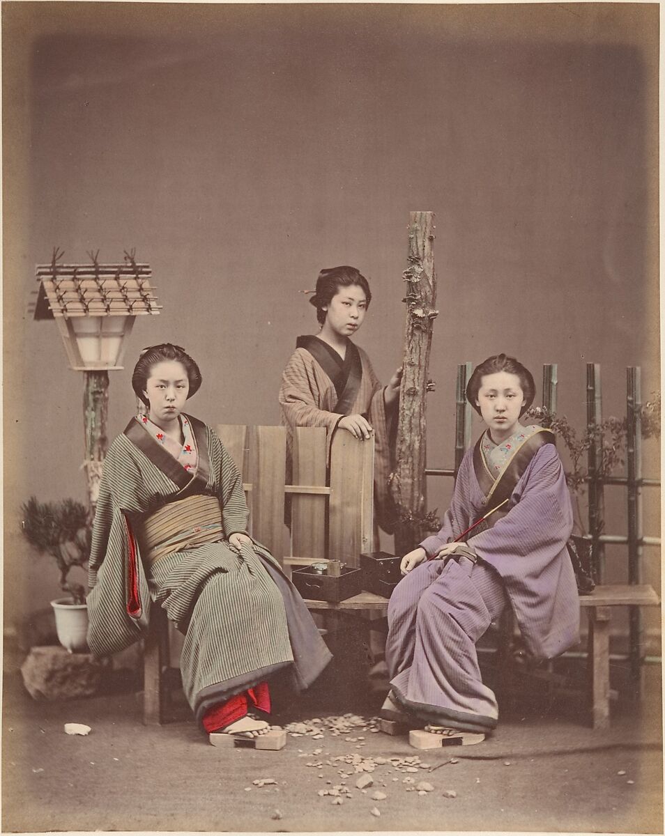 [Japanese Women in Traditional Dress], Suzuki Shin&#39;ichi (Japanese, 1835–1919), Albumen silver print from glass negative with applied color 