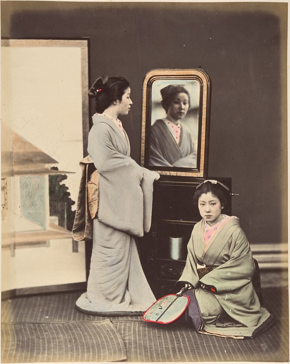 [Japanese Women in Traditional Dress], Suzuki Shin&#39;ichi (Japanese, 1835–1919), Albumen silver print from glass negative with applied color 
