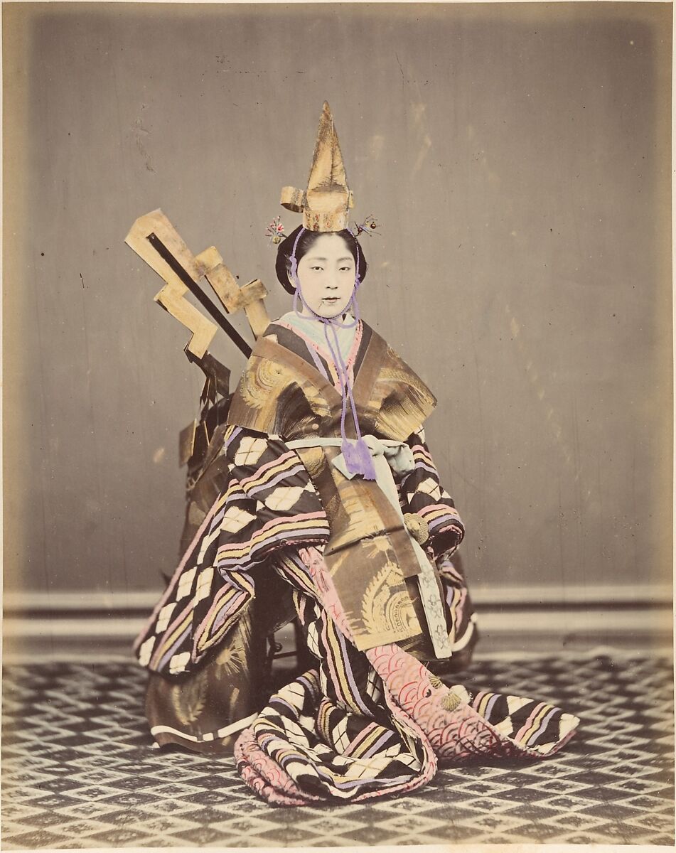 Osaki Kioto [illegible] dancer, Suzuki Shin&#39;ichi (Japanese, 1835–1919), Albumen silver print from glass negative with applied color 