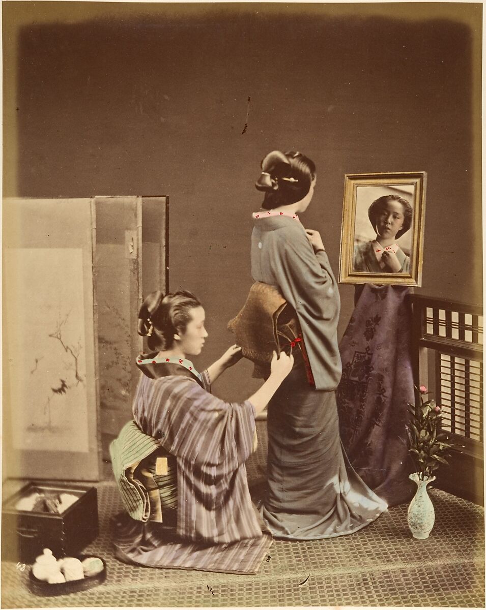 [Two Japanese Women in Traditional Dress], Suzuki Shin&#39;ichi (Japanese, 1835–1919), Albumen silver print from glass negative with applied color 
