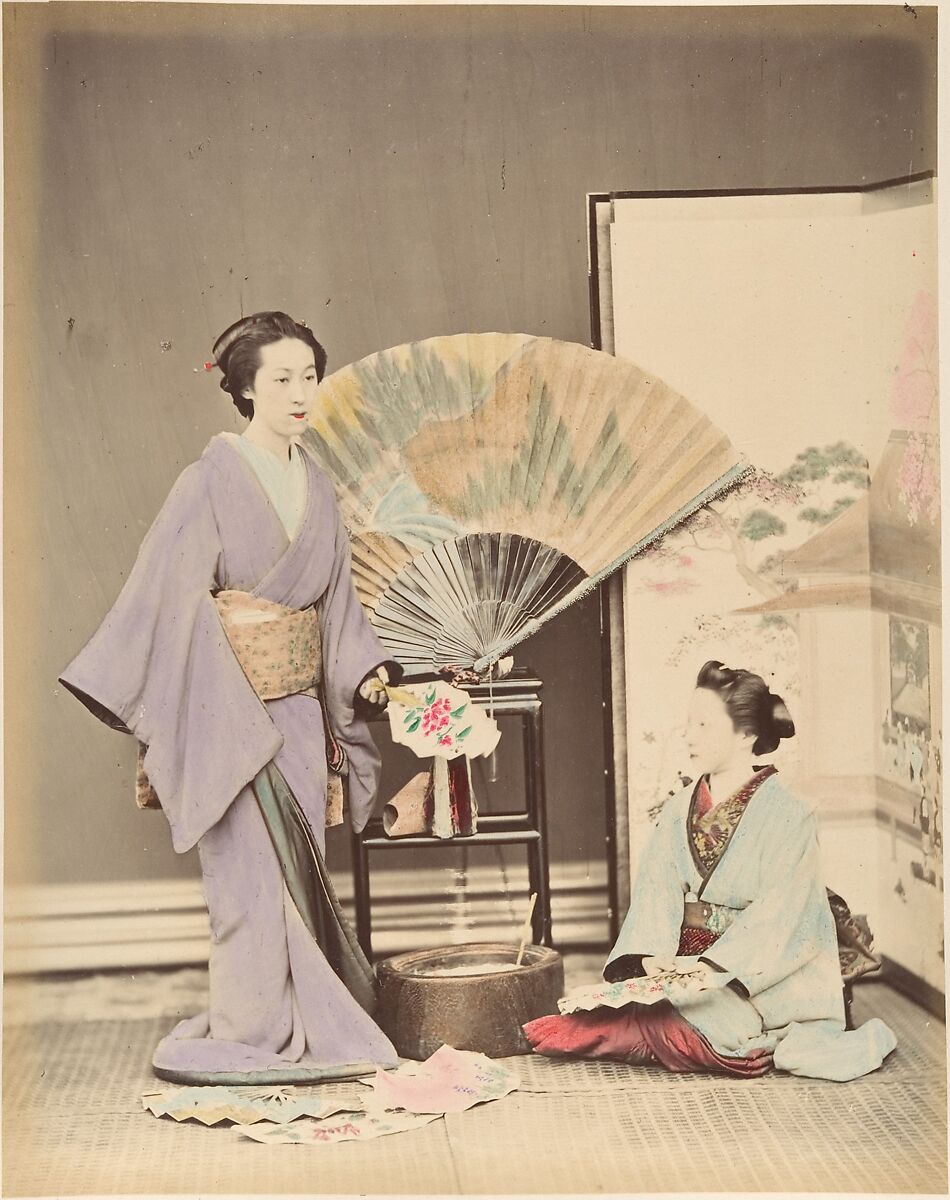 [Two Japanese Women in Traditional Dress with Fan and Screen], Suzuki Shin&#39;ichi (Japanese, 1835–1919), Albumen silver print from glass negative with applied color 