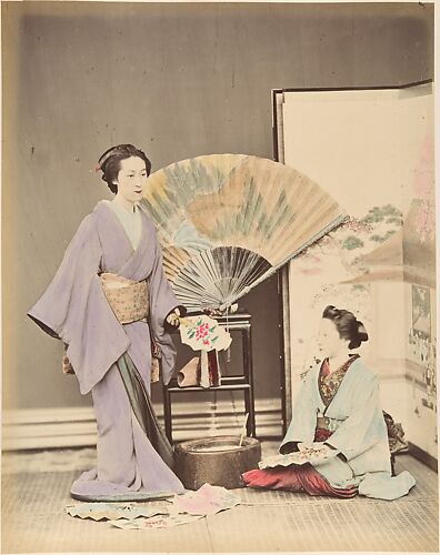 [Two Japanese Women in Traditional Dress with Fan and Screen]