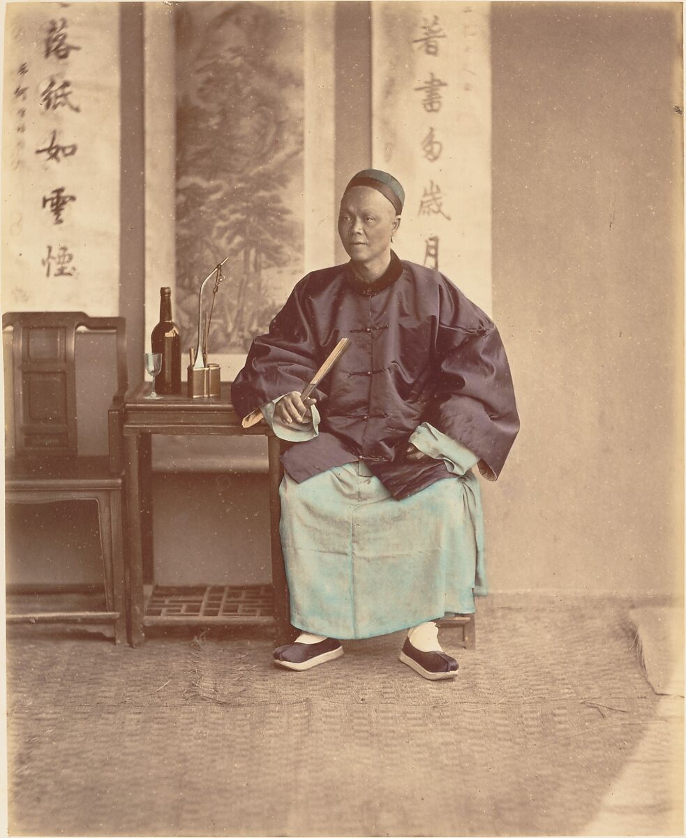 [Seated Chinese Woman with Fan], Raimund von Stillfried (Austrian, 1839–1911), Albumen silver print from glass negative with applied color 