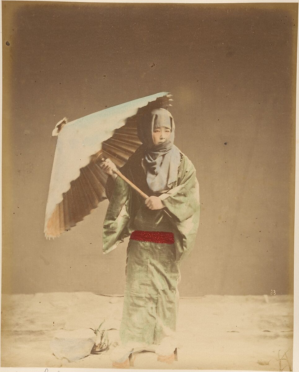[Japanese Woman with Parasol], Suzuki Shin&#39;ichi (Japanese, 1835–1919), Albumen silver print from glass negative with applied color 