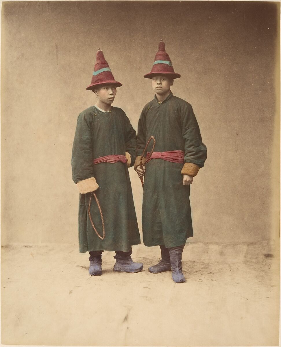 [Two Chinese Men in Matching Traditional Dress], Raimund von Stillfried (Austrian, 1839–1911), Albumen silver print from glass negative with applied color 