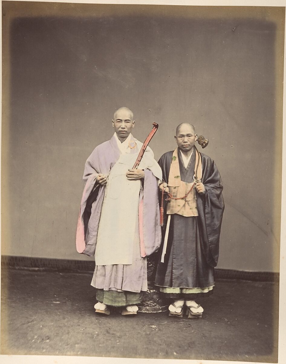 [Two Japanese Men in Traditional Dress], Suzuki Shin&#39;ichi (Japanese, 1835–1919), Albumen silver print from glass negative with applied color 