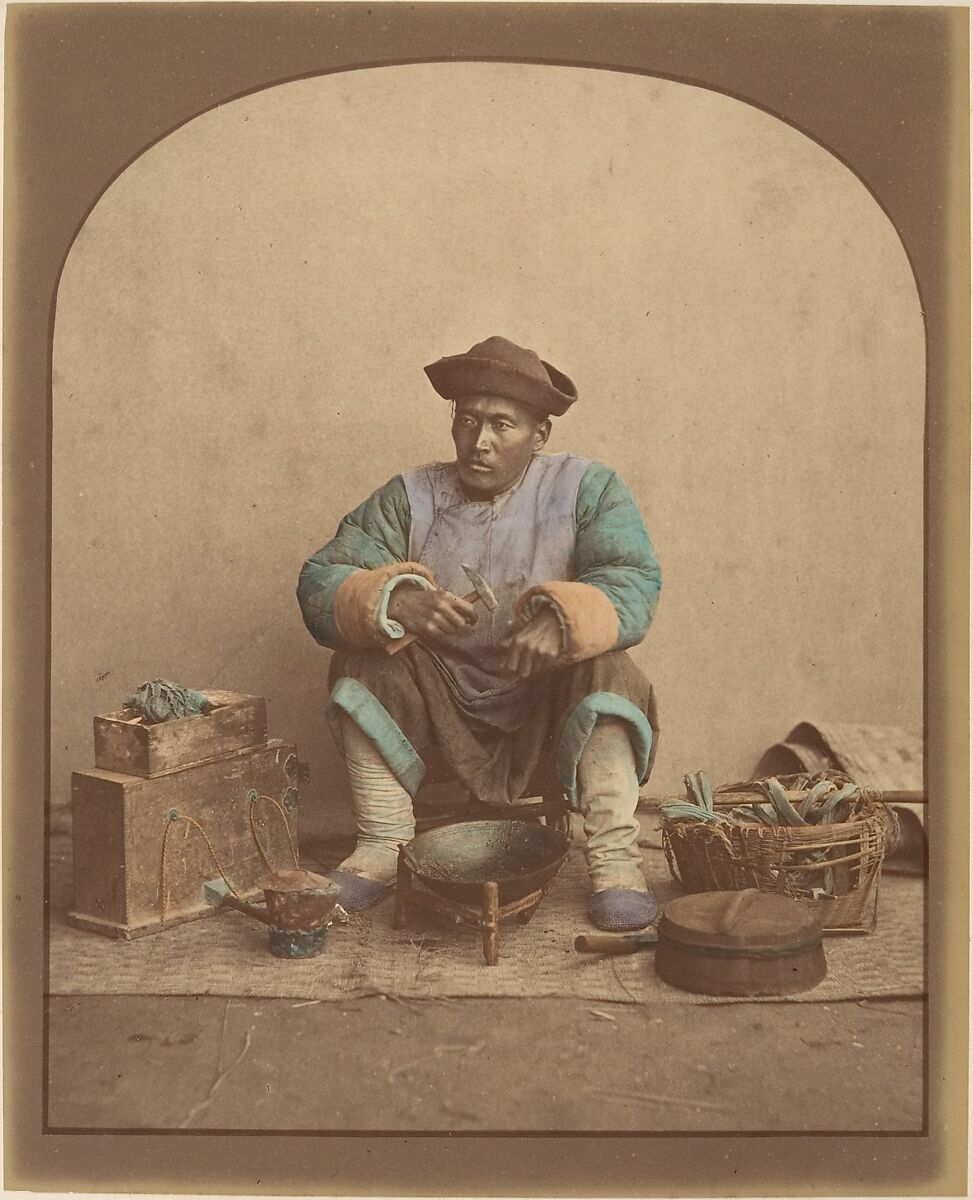 [Chinese Man Sitting with Tools], Unknown, Albumen silver print from glass negative with applied color 