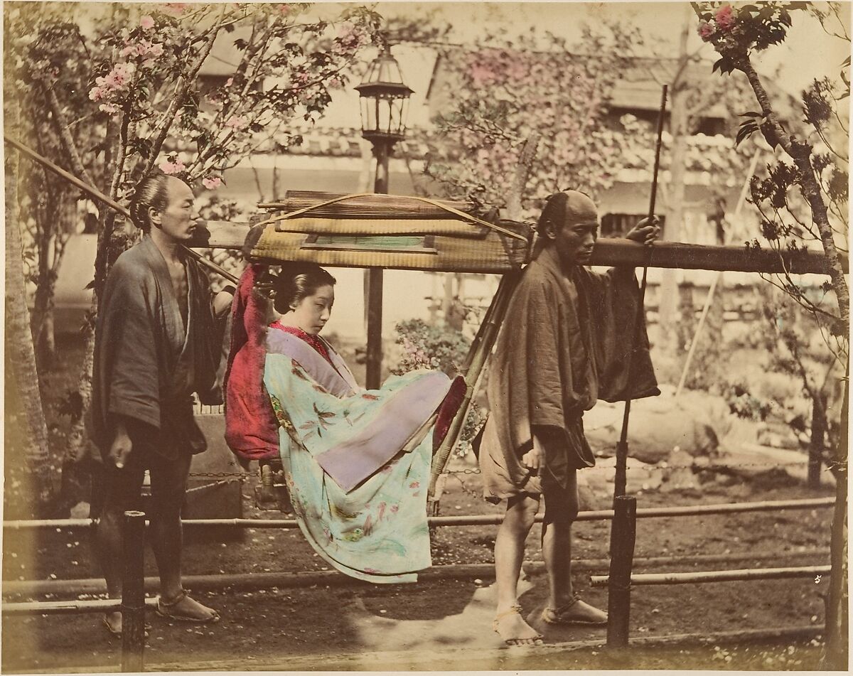 [Japanese Woman in a Chair Carried by Two Men], Unknown, Albumen silver print from glass negative with applied color 
