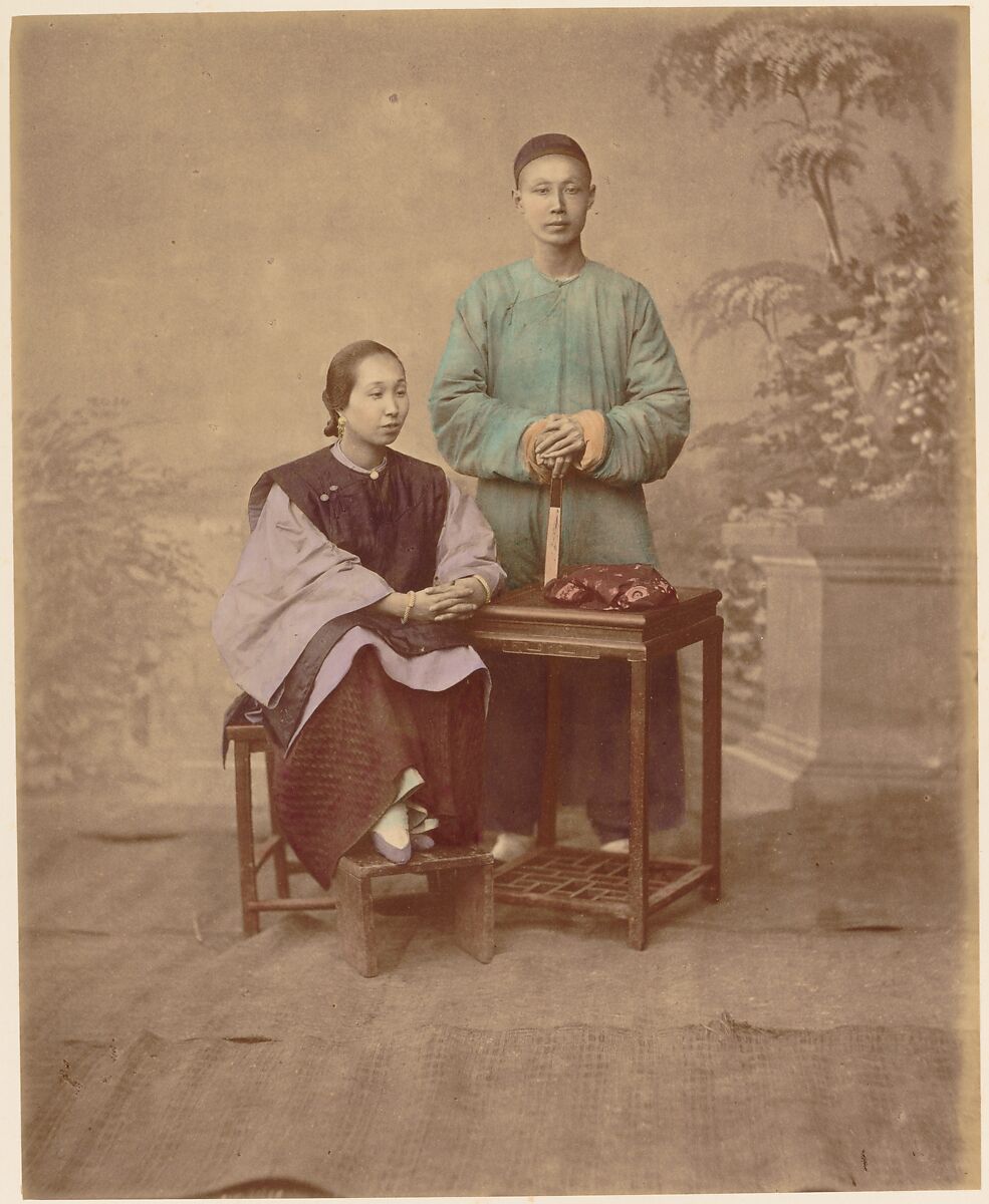 [Portrait of a Chinese Couple], Unknown, Albumen silver print from glass negative with applied color