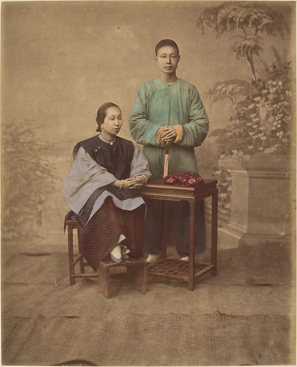 [Portrait of a Chinese Couple], Unknown, Albumen silver print from glass negative with applied color 