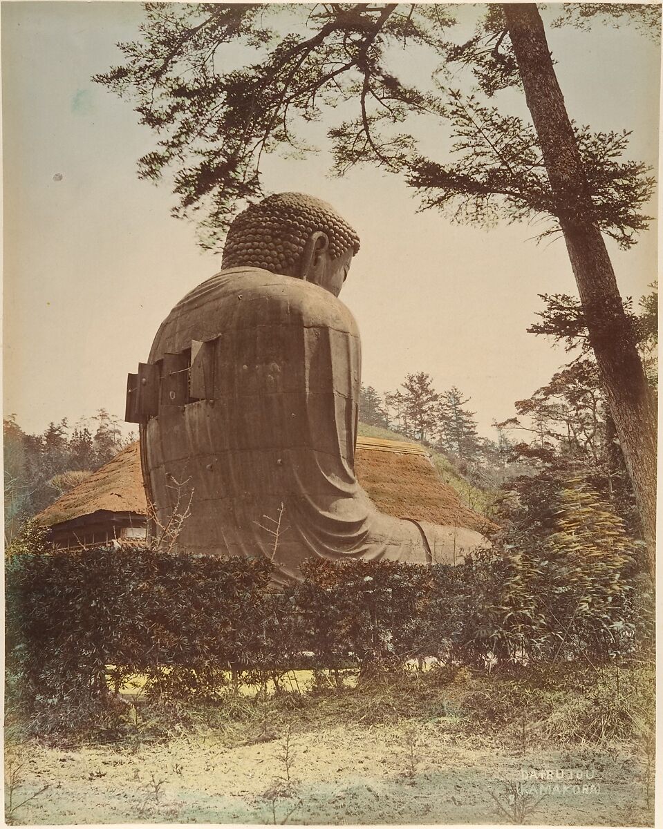 [Landscape with Buddha Sculpture], Suzuki Shin&#39;ichi (Japanese, 1835–1919), Albumen silver print from glass negative with applied color 