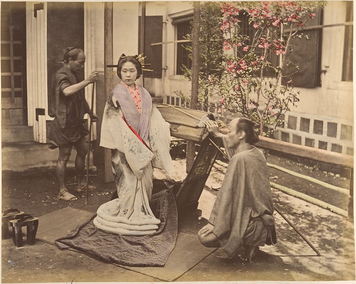 Unknown Japanese Woman In Traditional Dress Posing With Two Men 