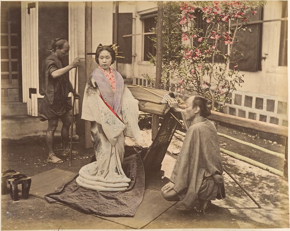 Unknown [japanese Woman In Traditional Dress Posing With Two Men