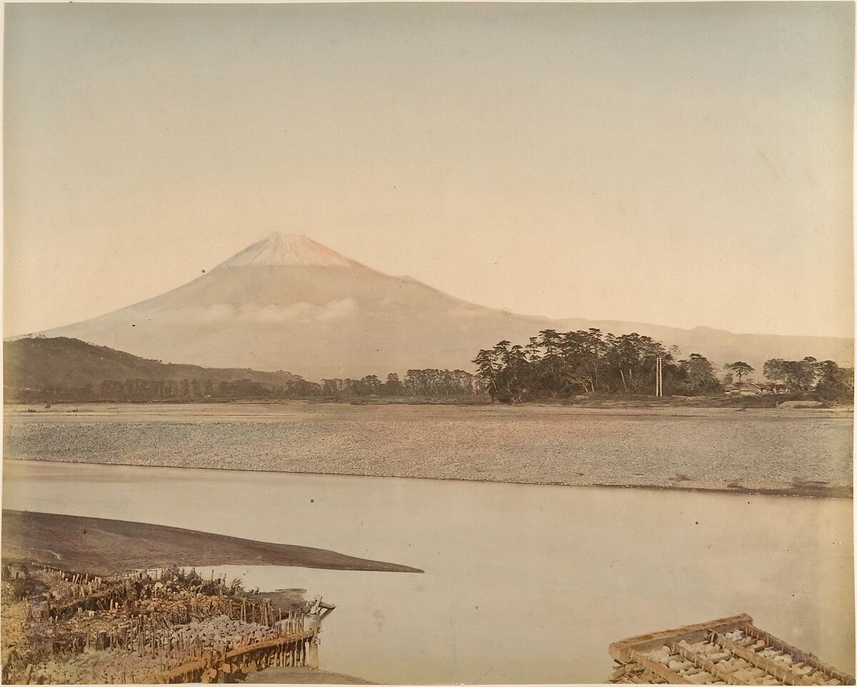 [Landscape with River and Mountain], Unknown, Albumen silver print from glass negative with applied color 