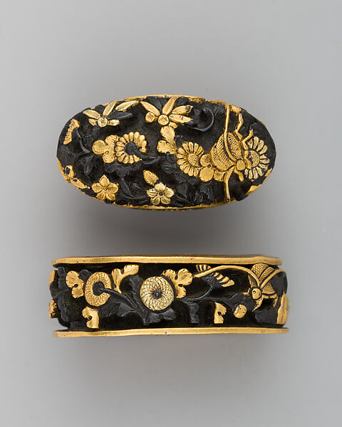 Sword-Hilt Collar and Pommel (Fuchigashira), Copper-gold alloy (shakudō), gold, Japanese 