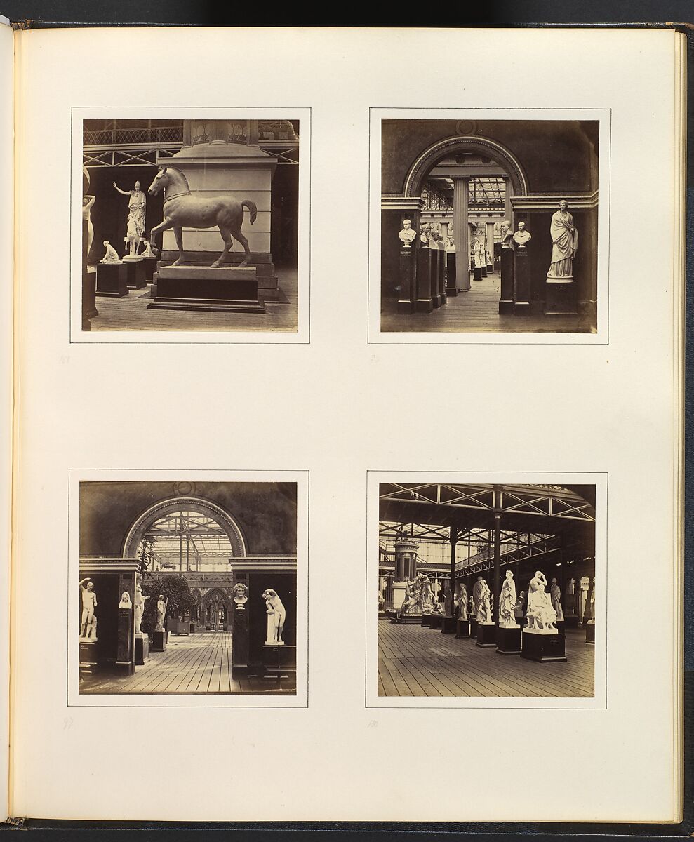 [Statue of a Horse; Roman Court, Portrait Busts of Emperors; Doorway of Roman Court, Flanked by Portrait Bust of Nero; Greek Court of Philosophers, Statesmen, and Generals], Attributed to Philip Henry Delamotte (British, 1821–1889), Albumen silver print from glass negative 