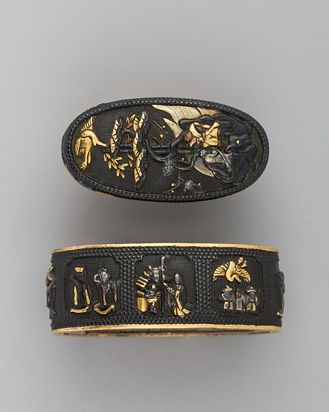Sword-Hilt Collar and Pommel (Fuchigashira), Copper-gold alloy (shakudō), gold, Japanese 